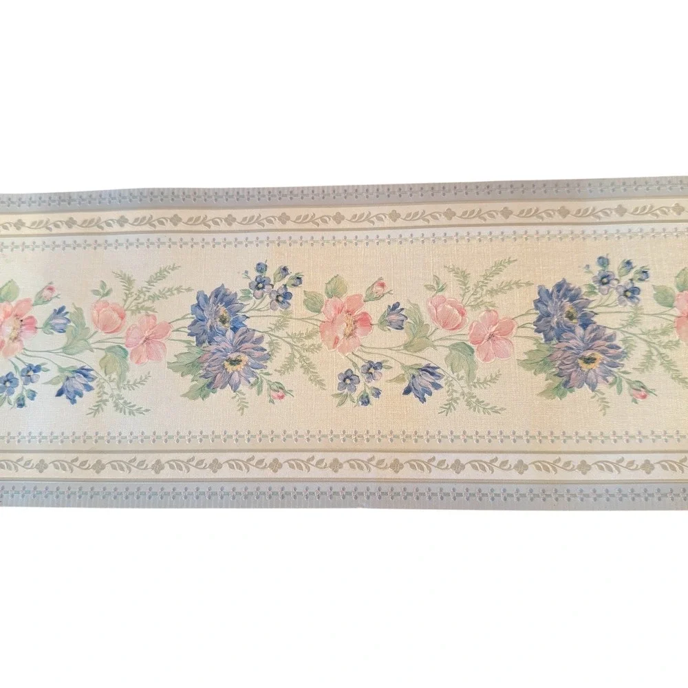 Brewster Floral Wallpaper Border Blue Pink Flowers 5 Yards 80705 Made in Germany